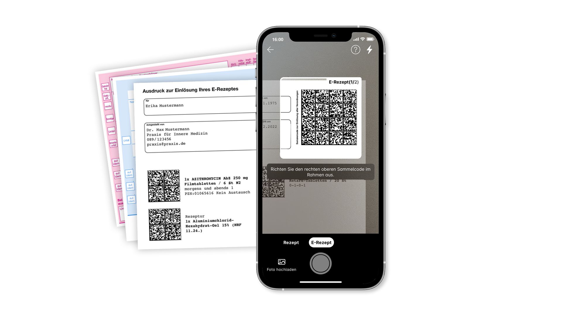 Ein Smartphone zeigt eine App zum Einreichen von E-Rezepten, daneben liegen Ausdrucke von deutschen E-Rezepten mit QR-Codes.