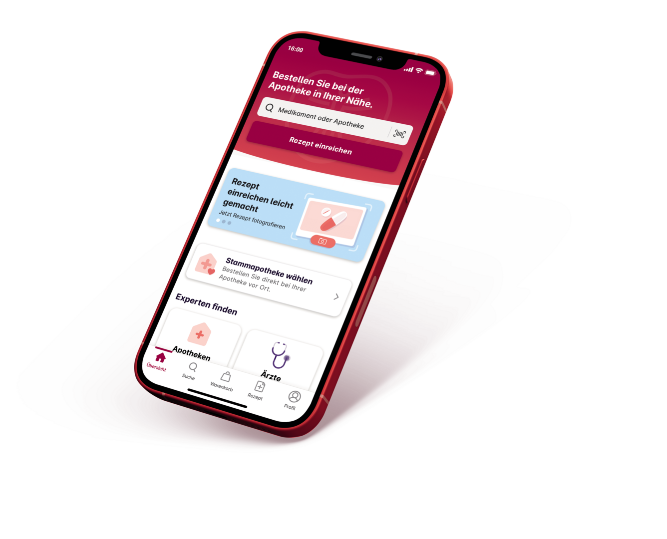 Ein Smartphone, auf dem die Benutzeroberfläche der gesund.de Apotheken-App zu sehen ist.